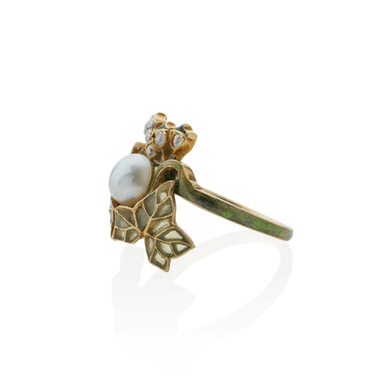 René Lalique Art Nouveau 18KT Yellow Gold Pearl, Diamond & Enamel "Lierre" Ivy Ring side