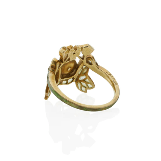 René Lalique Art Nouveau 18KT Yellow Gold Pearl, Diamond & Enamel "Lierre" Ivy Ring back