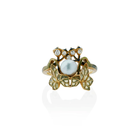 René Lalique Art Nouveau 18KT Yellow Gold Pearl, Diamond & Enamel "Lierre" Ivy Ring front
