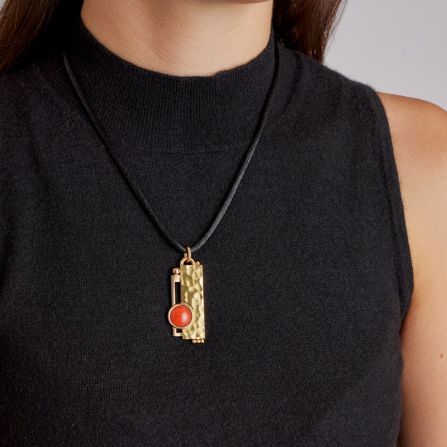 Jean Després French 1930s 18KT Yellow Gold Coral Pendant on neck