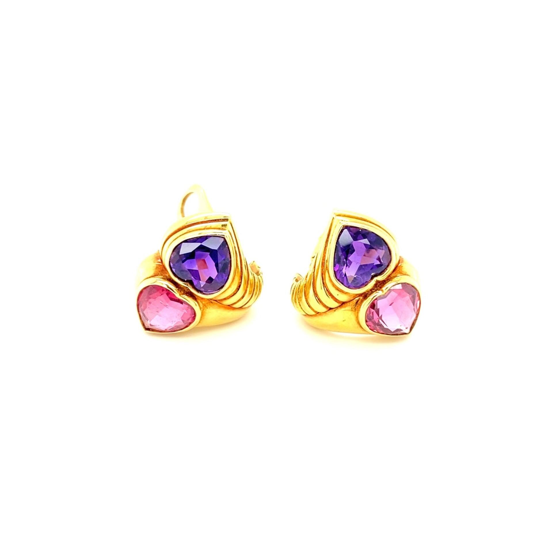 Bulgari Post-1980s 18KT Yellow Gold Amethyst & Tourmaline Earrings front