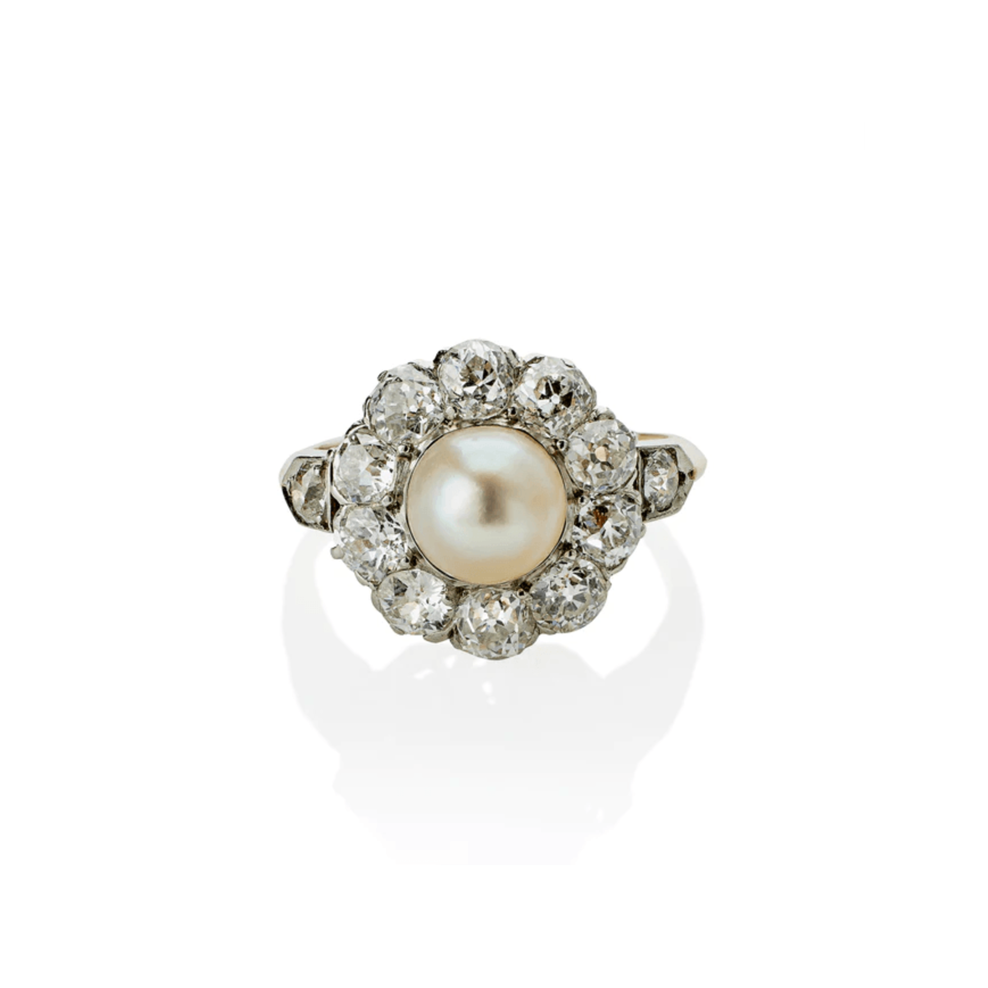 Edwardian Platinum & 18KT Yellow Gold Pearl & Diamond Ring front