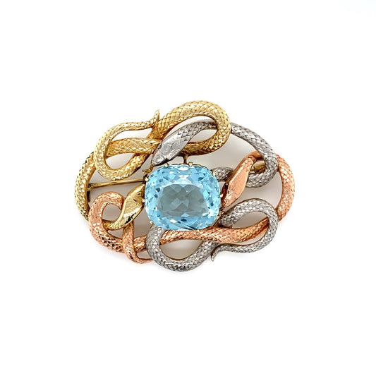 Antique 14KT Rose, White & Yellow Gold Aquamarine Snake Brooch front