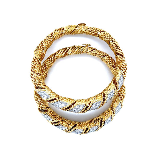 1960s Platinum & 18KT Yellow Gold Diamond Bangle Bracelets profile