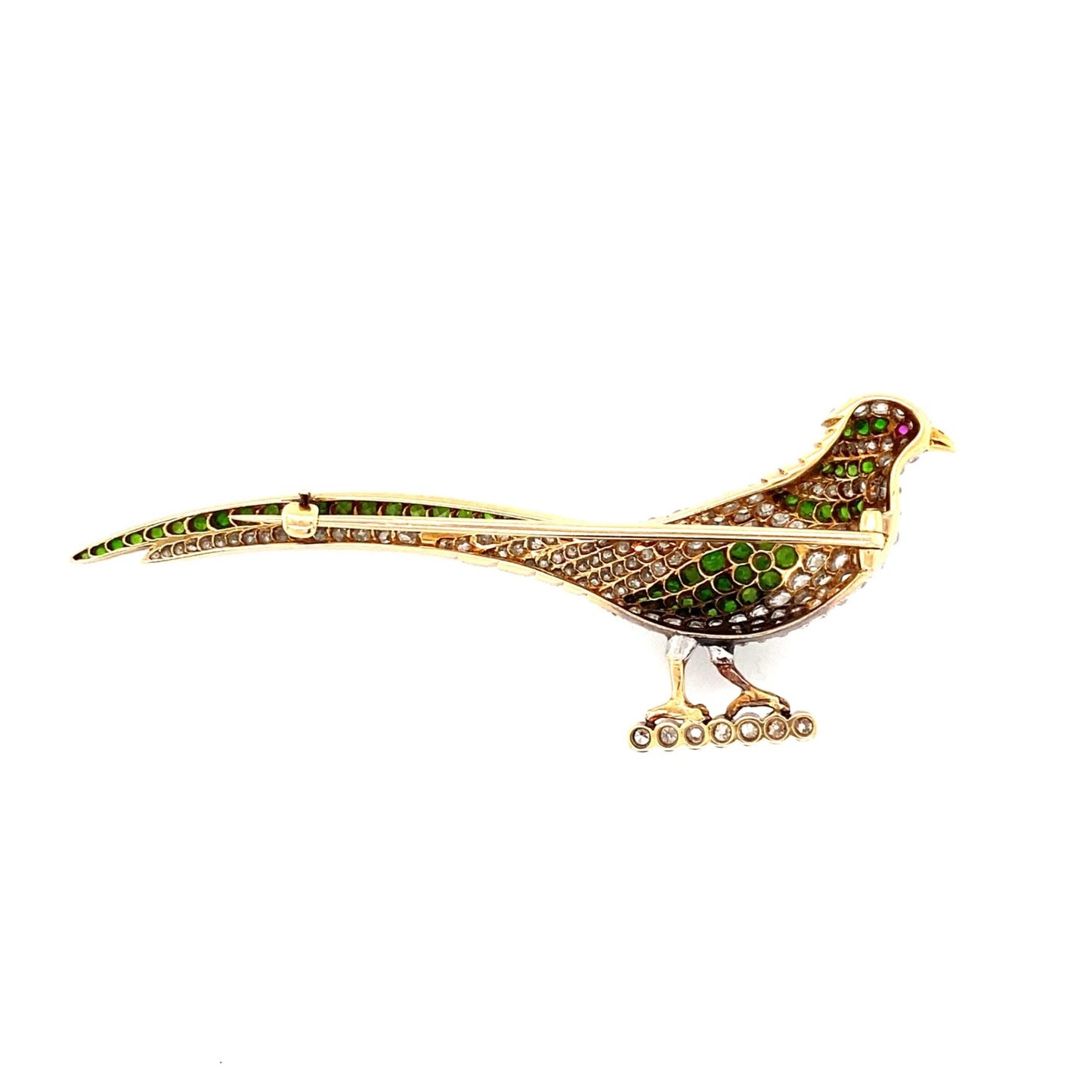 Antique 18KT Yellow Gold Demantoid Garnet & Diamond Pheasant Brooch back