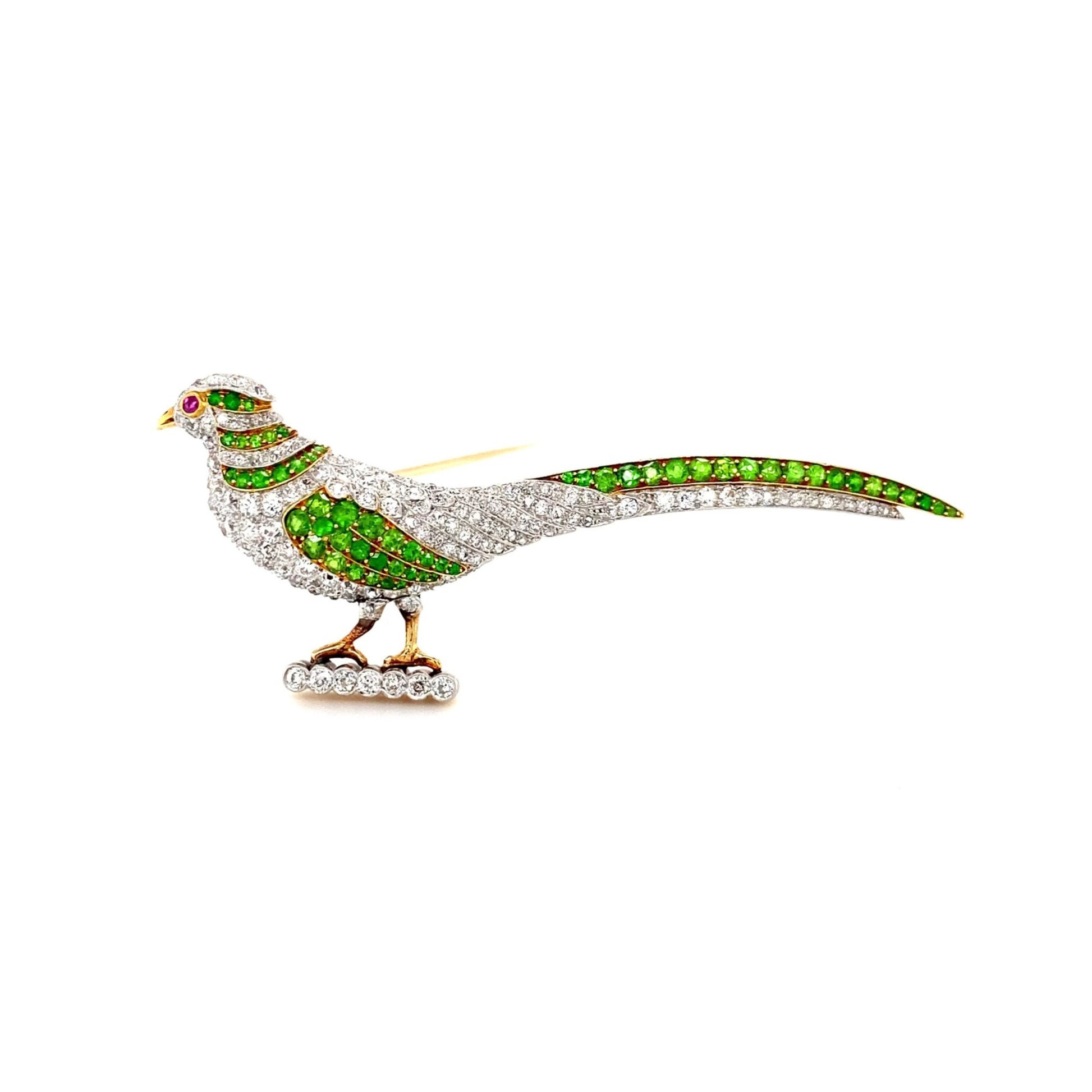 Antique 18KT Yellow Gold Demantoid Garnet & Diamond Pheasant Brooch front