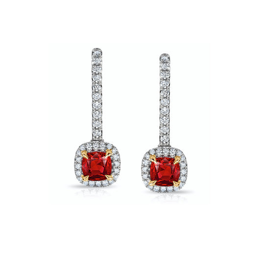 Contemporary Platinum & 18KT Yellow Gold Ruby & Diamond Earrings front