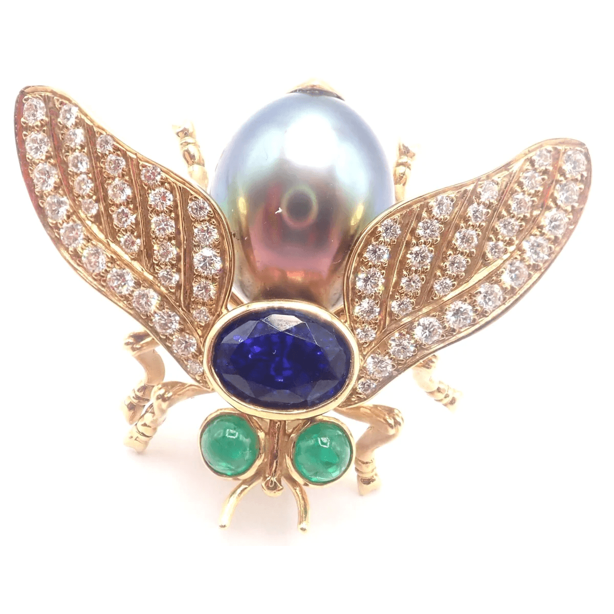 Tiffany & Co. 1980s 18KT Yellow Gold Diamond, Emerald, Tanzanite & Pearl Fly Brooch front