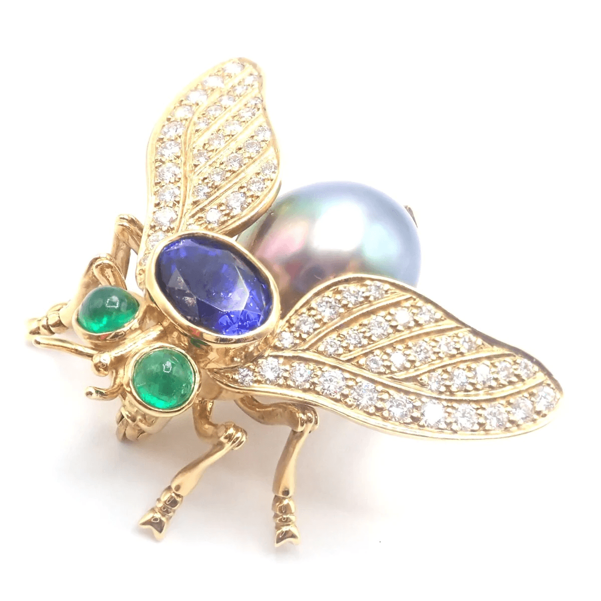 Tiffany & Co. 1980s 18KT Yellow Gold Diamond, Emerald, Tanzanite & Pearl Fly Brooch front