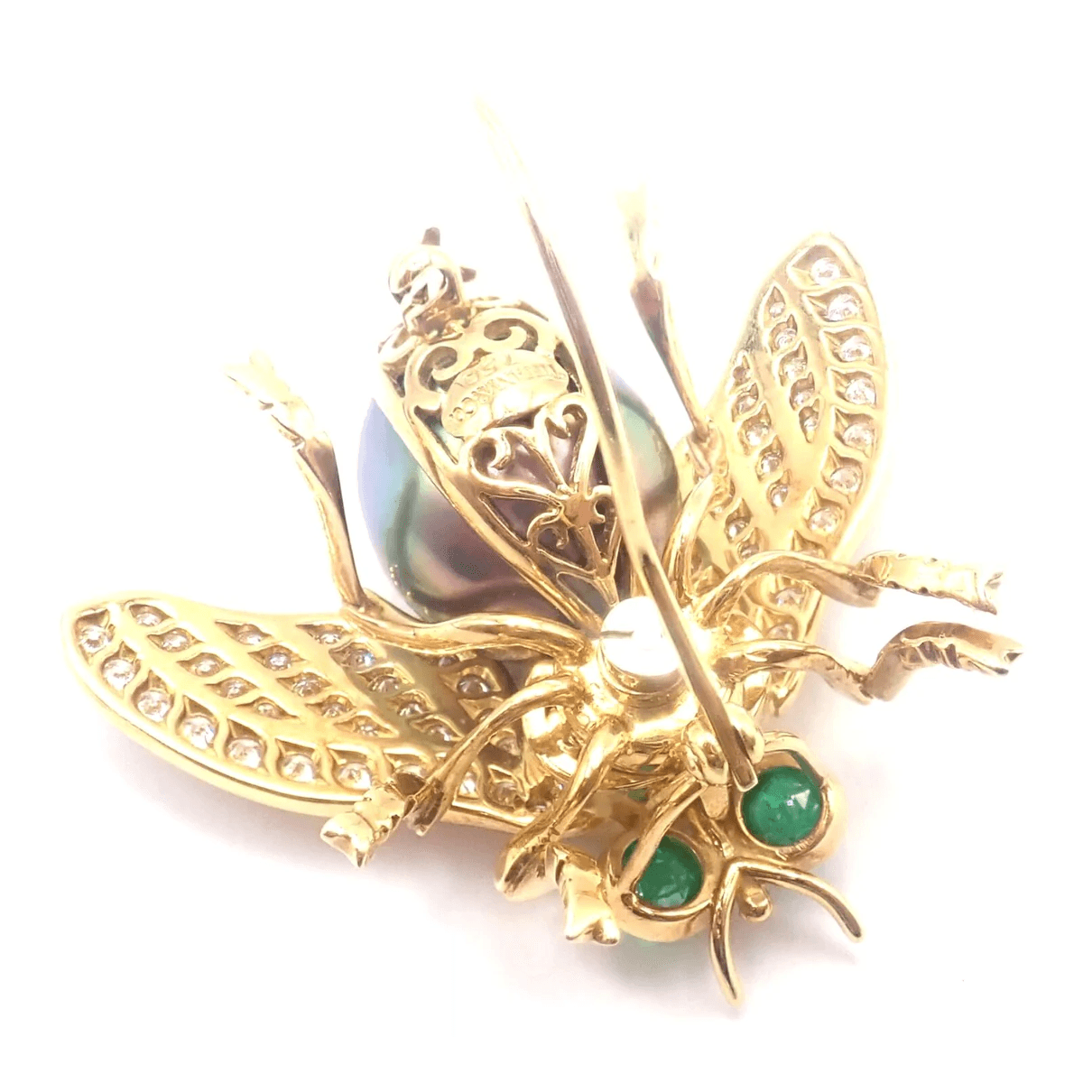 Tiffany & Co. 1980s 18KT Yellow Gold Diamond, Emerald, Tanzanite & Pearl Fly Brooch back