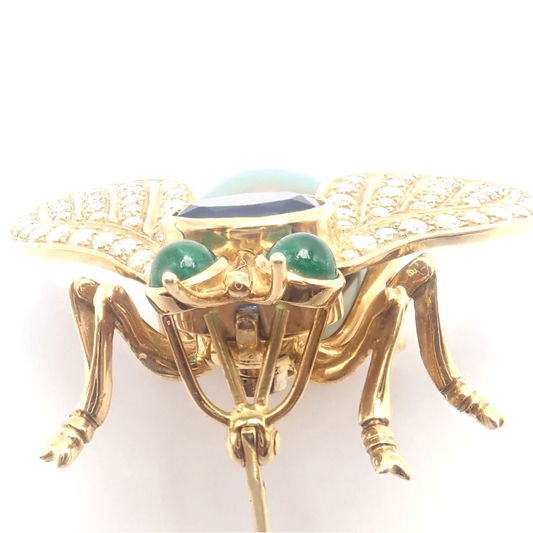 Tiffany & Co. 1980s 18KT Yellow Gold Diamond, Emerald, Tanzanite & Pearl Fly Brooch close-up details