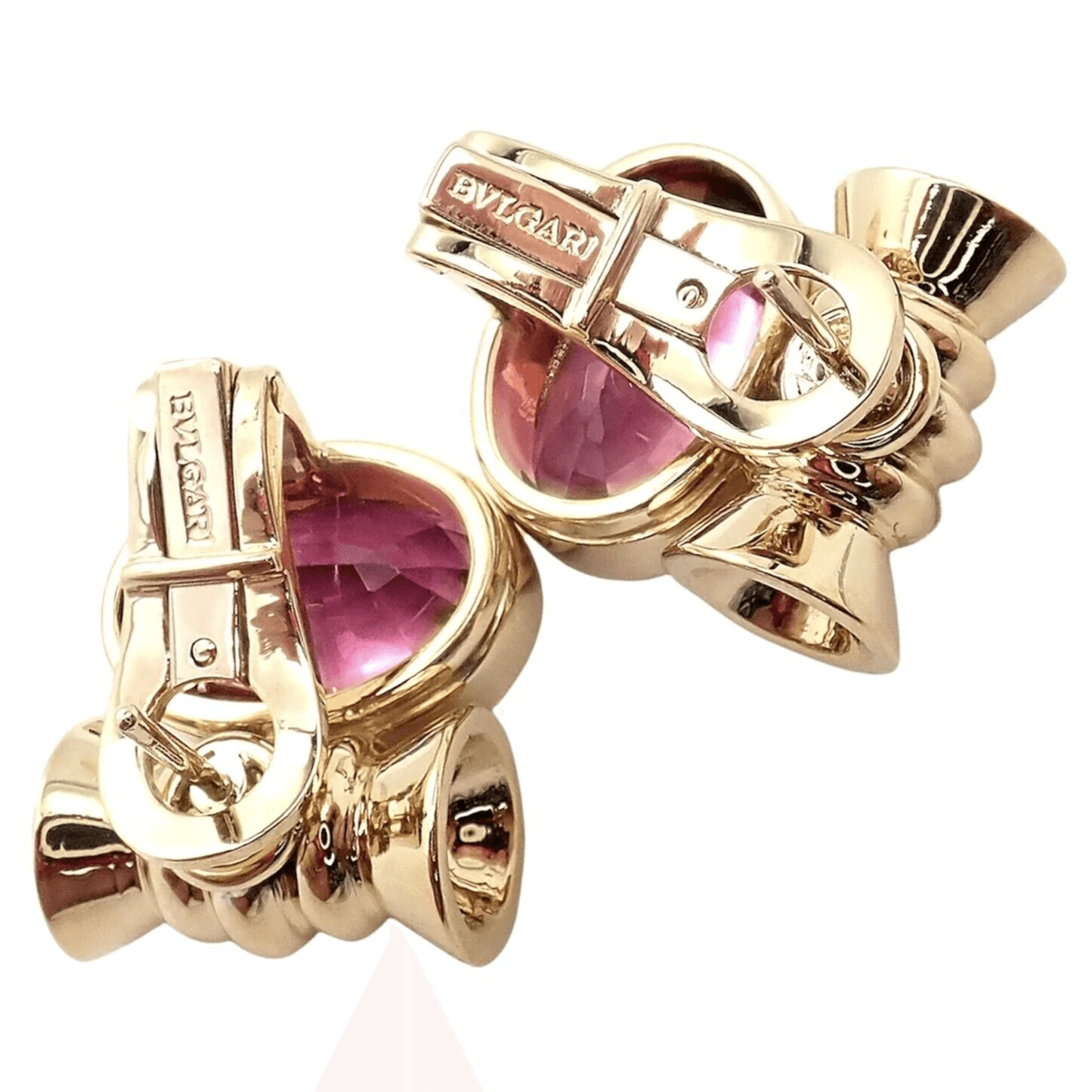 Bulgari Post-1980s 18KT Yellow Gold Pink Tourmaline Earrings back and signature