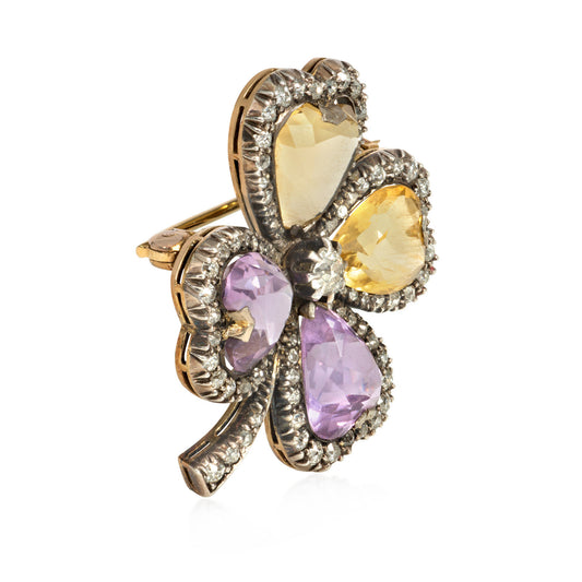 Victorian Silver & 18KT Yellow Gold Diamond, Amethyst & Citrine Brooch side