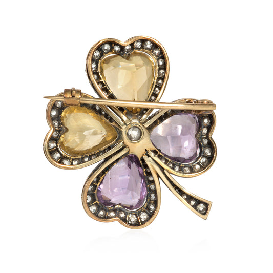 Victorian Silver & 18KT Yellow Gold Diamond, Amethyst & Citrine Brooch back