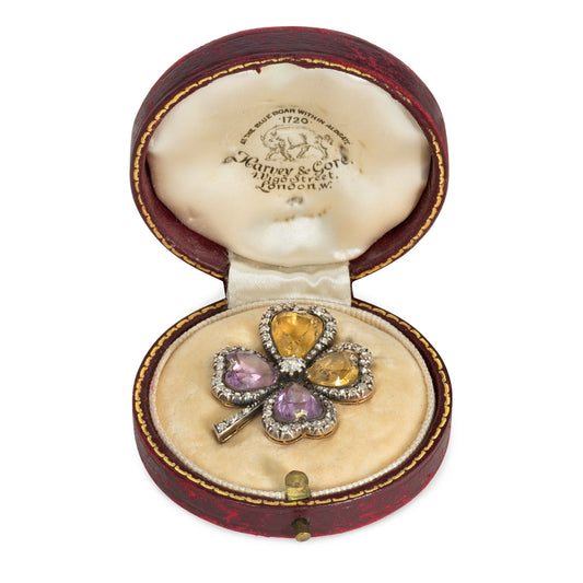 Victorian Silver & 18KT Yellow Gold Diamond, Amethyst & Citrine Brooch in box