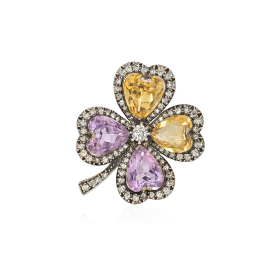 Victorian Silver & 18KT Yellow Gold Diamond, Amethyst & Citrine Brooch front