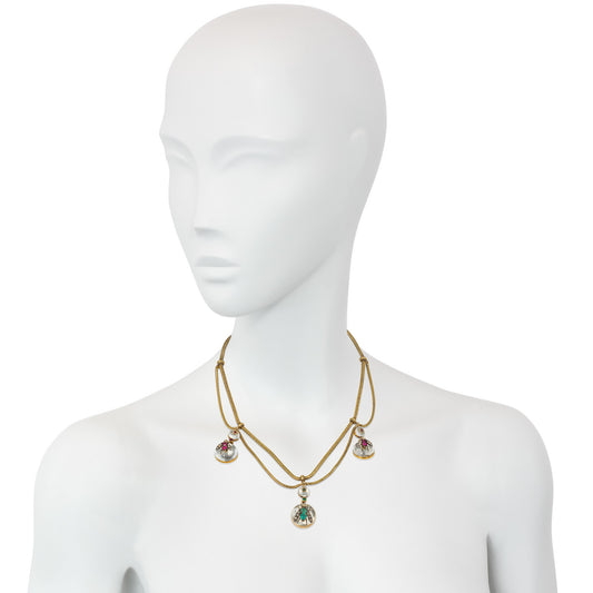 Victorian 15KT Yellow Gold Diamond, Emerald, Rock Crystal & Ruby Necklace on neck