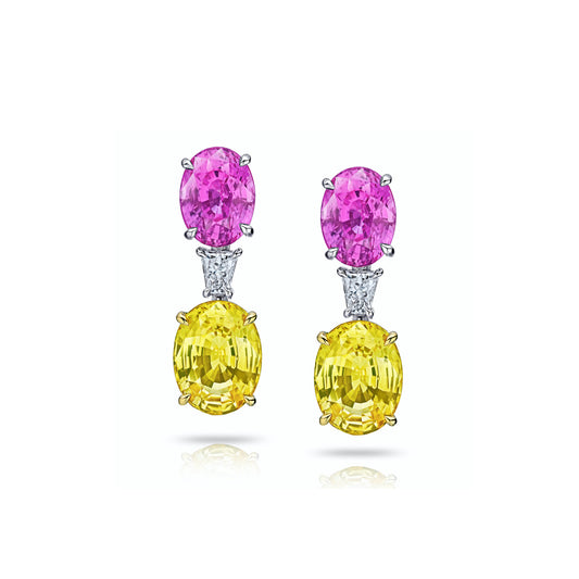Contemporary Platinum & 18KT Yellow Gold Sapphire & Diamond Earrings front
