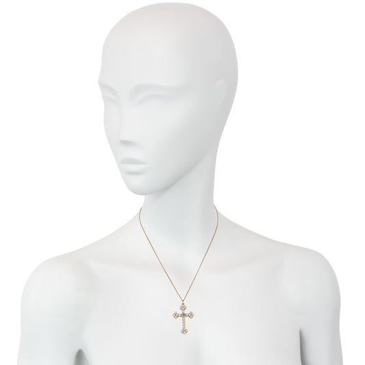 Edwardian 14KT Yellow Gold Pearl & Aquamarine Cross Necklace on neck