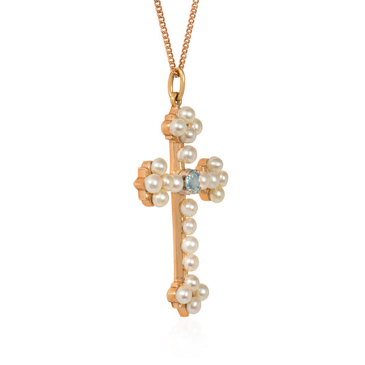 Edwardian 14KT Yellow Gold Pearl & Aquamarine Cross Necklace side