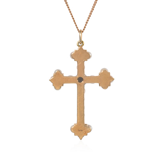 Edwardian 14KT Yellow Gold Pearl & Aquamarine Cross Necklace back