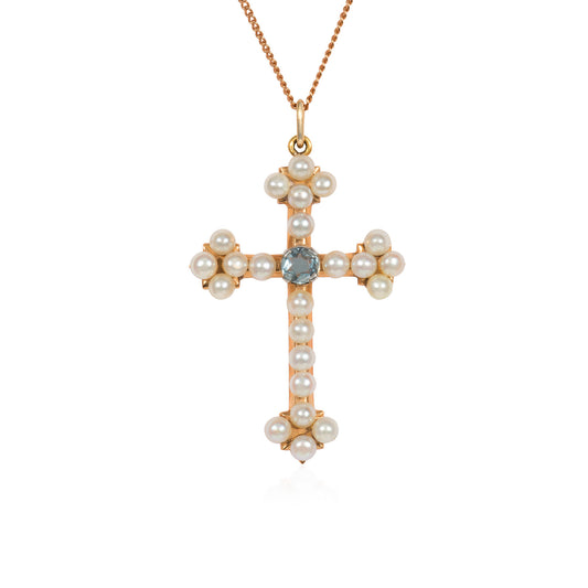 Edwardian 14KT Yellow Gold Pearl & Aquamarine Cross Necklace front