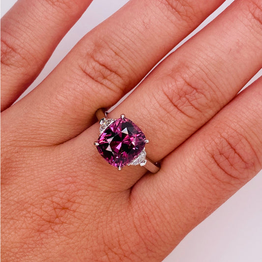 Contemporary Platinum Sapphire & Diamond Ring on finger