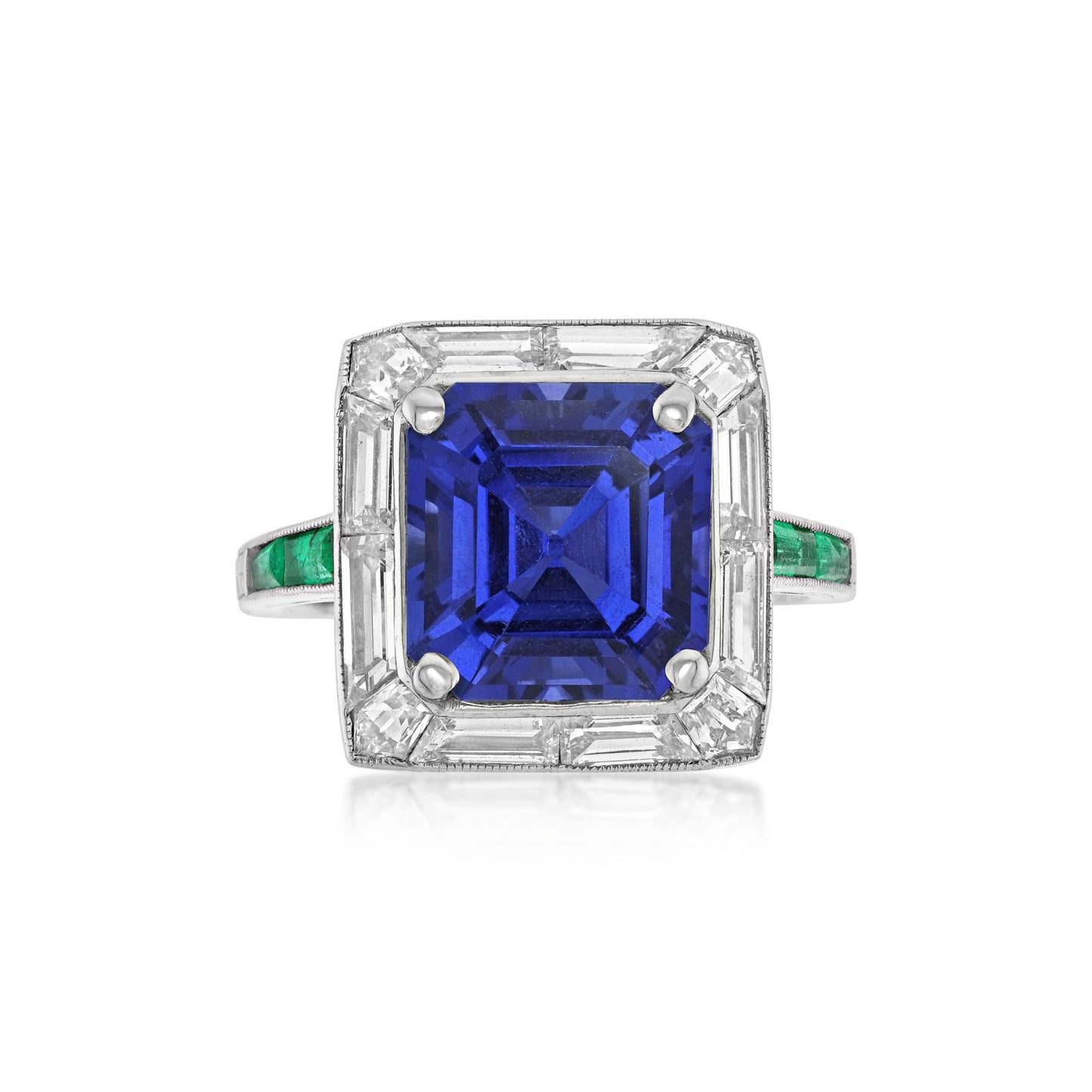 Grogan 1930s Platinum Sapphire, Diamond & Emerald Ring front