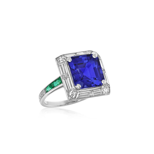 Grogan 1930s Platinum Sapphire, Diamond & Emerald Ring front