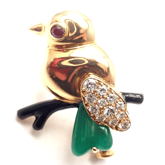 Cartier Post-1980s 18KT Yellow Gold Diamond, Chalcedony, Onyx & Ruby Bird Brooch front