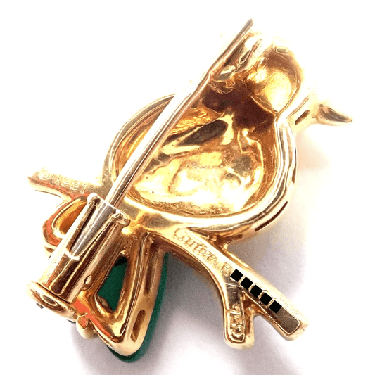 Cartier Post-1980s 18KT Yellow Gold Diamond, Chalcedony, Onyx & Ruby Bird Brooch back and signature