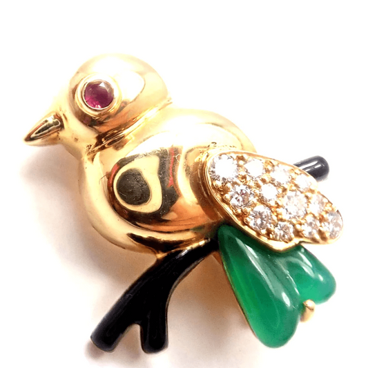 Cartier Post-1980s 18KT Yellow Gold Diamond, Chalcedony, Onyx & Ruby Bird Brooch front