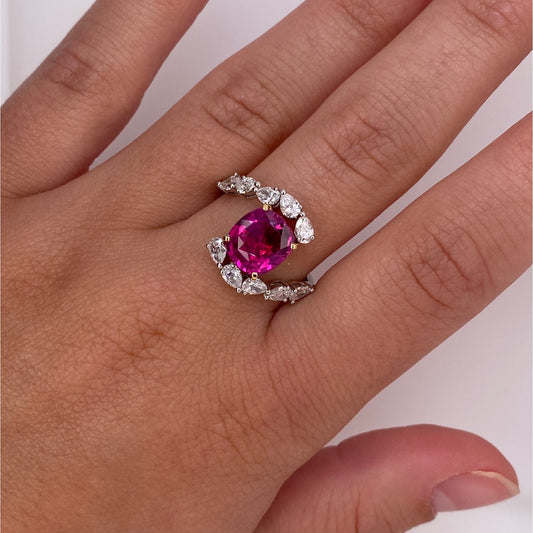 Contemporary Platinum & 18KT Yellow Gold Ruby & Diamond Ring on finger