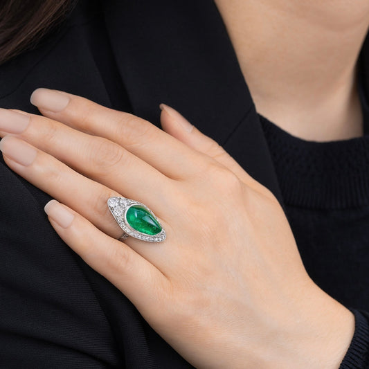 Edwardian Platinum Emerald & Diamond Ring on finger