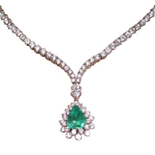 1970s 18KT White Gold Emerald & Diamond Necklace front