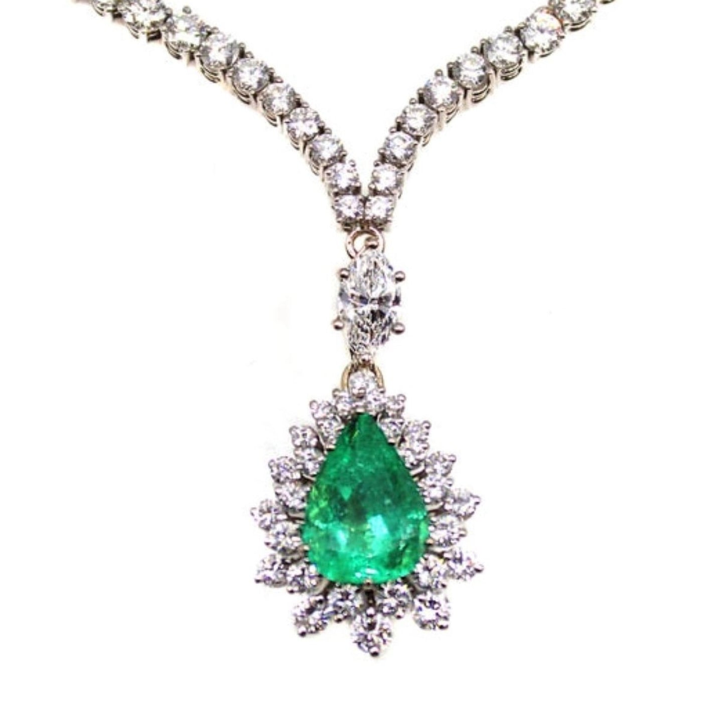 1970s 18KT White Gold Emerald & Diamond Necklace front