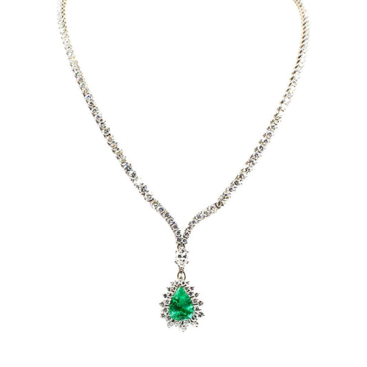 1970s 18KT White Gold Emerald & Diamond Necklace front