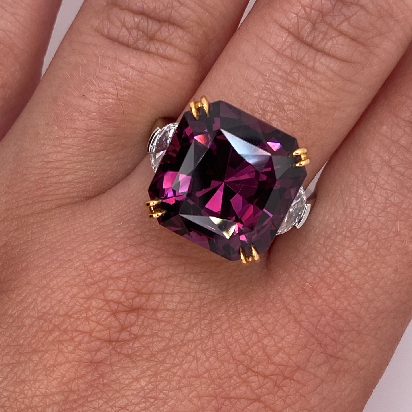 Contemporary Platinum & 18KT Yellow Gold Purple Spinel & Diamond Ring on hand