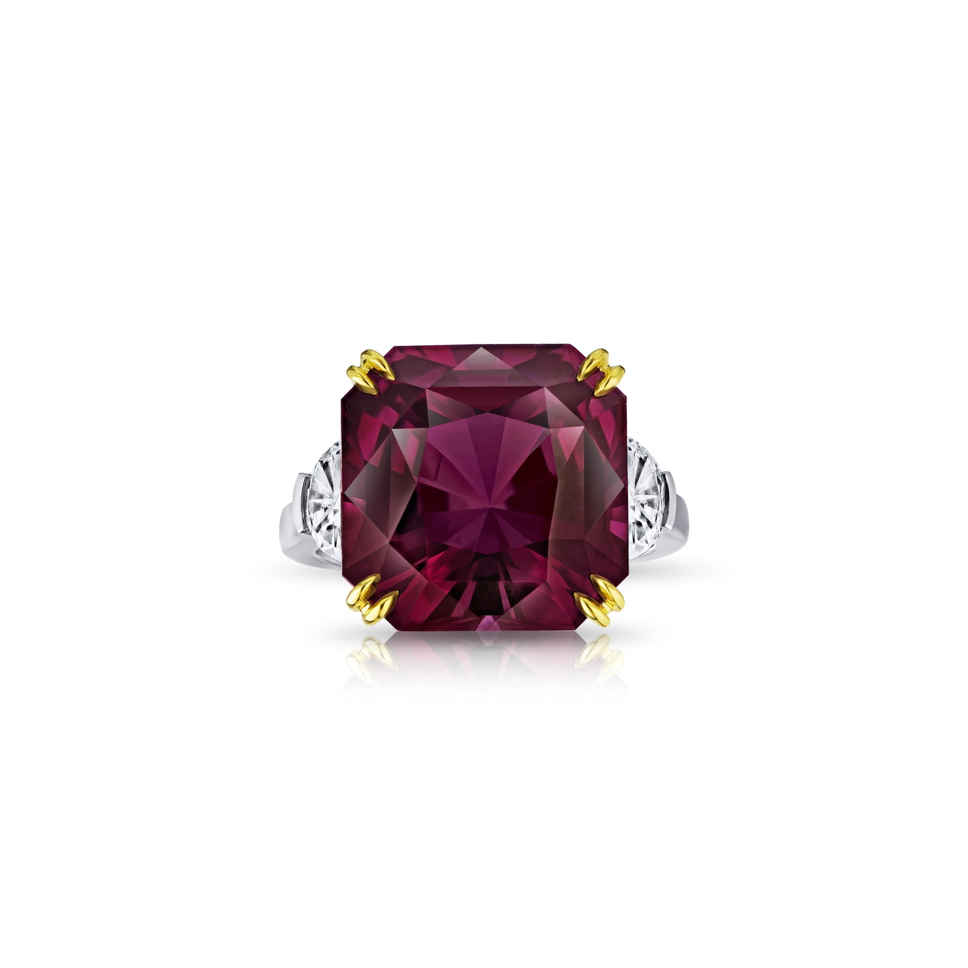 Contemporary Platinum & 18KT Yellow Gold Purple Spinel & Diamond Ring front