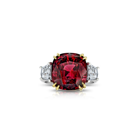 Contemporary Platinum & 18KT Yellow Gold Red Spinel & Diamond Ring front