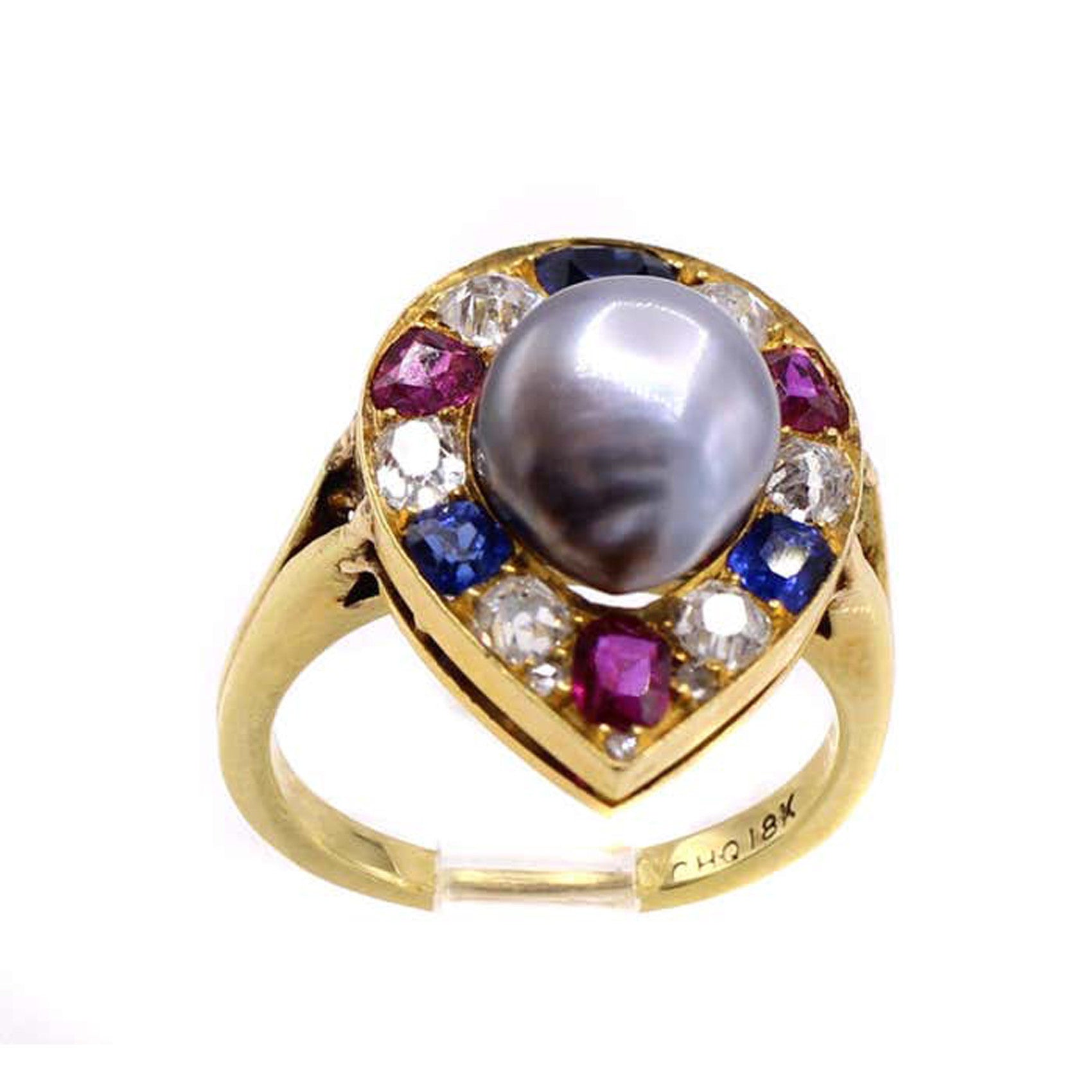 Victorian 18KT Yellow Gold Pearl, Diamond, Ruby & Sapphire Ring front