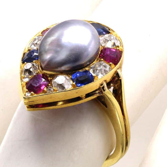 Victorian 18KT Yellow Gold Pearl, Diamond, Ruby & Sapphire Ring side
