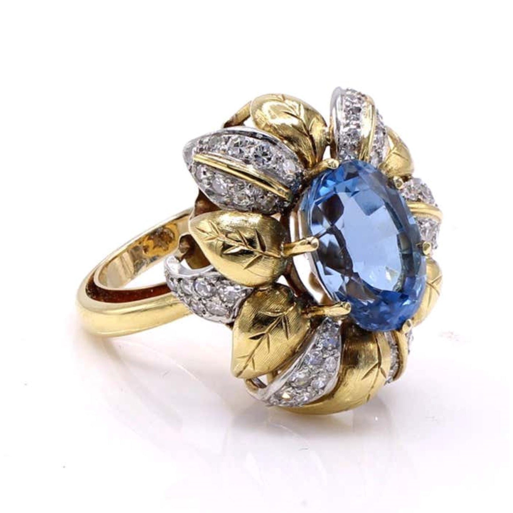 1980s Platinum & 18KT Yellow Gold Aquamarine & Diamond Ring side