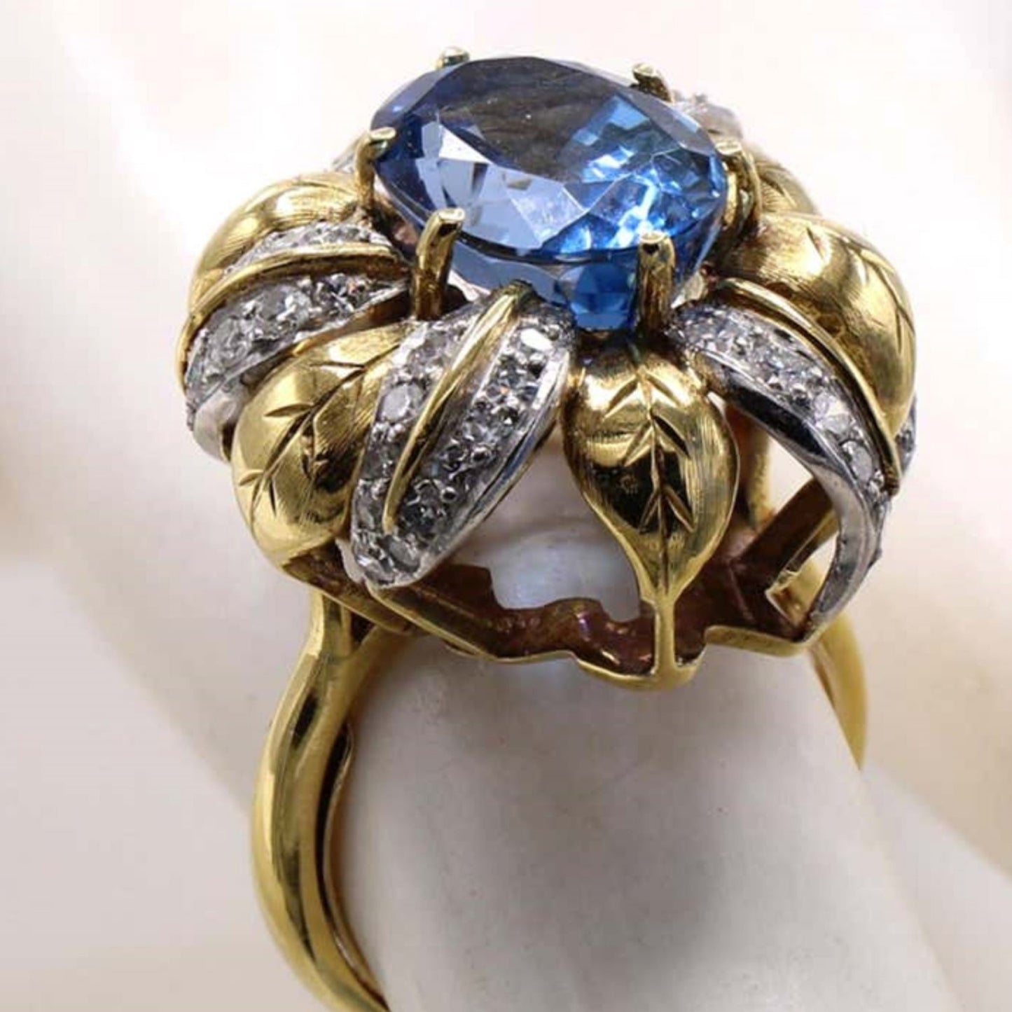 1980s Platinum & 18KT Yellow Gold Aquamarine & Diamond Ring side