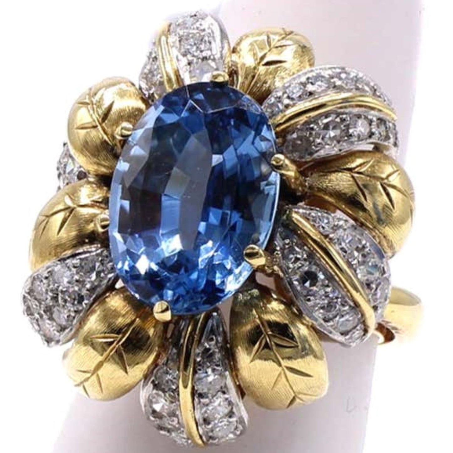 1980s Platinum & 18KT Yellow Gold Aquamarine & Diamond Ring front