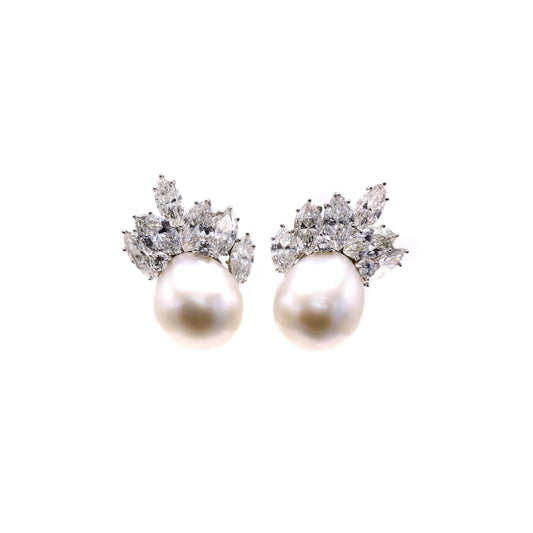 Marianne Ostier 1950s Platinum Pearl & Diamond Earrings front