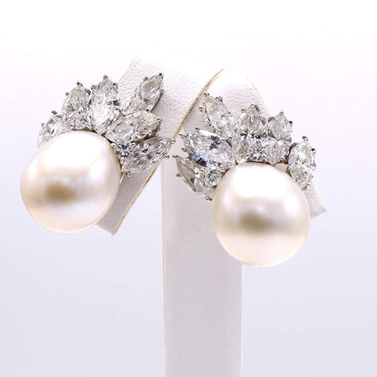 Marianne Ostier 1950s Platinum Pearl & Diamond Earrings front