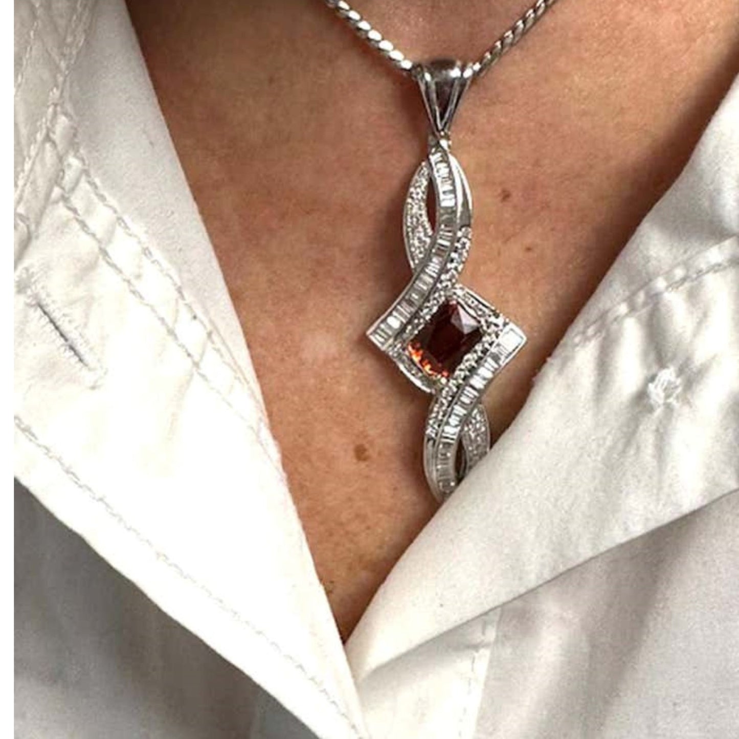 Post-1980s 18KT White Gold Spessartite Garnet & Diamond Pendant on neck