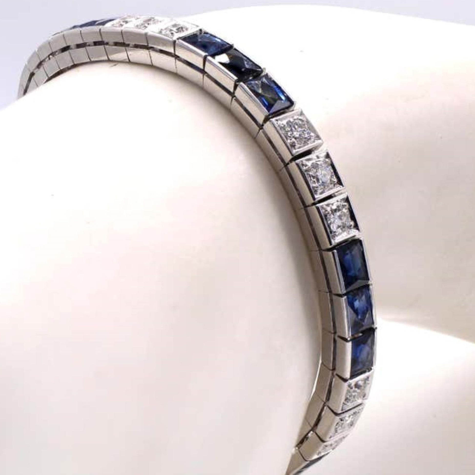 Art Deco Platinum Diamond & Sapphire Bracelet on wrist