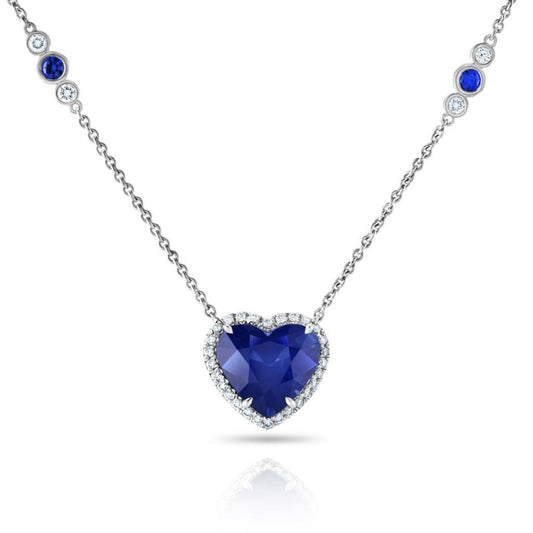 Contemporary Platinum Sapphire & Diamond Heart Necklace front